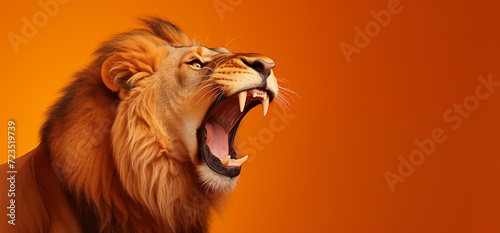 Un lion majestueux rugissant  sur fond orange  image avec espace pour texte.