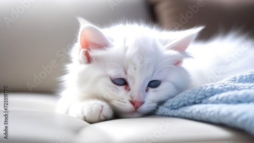 Cute white kitten sleeps on the couch at home, the concept of caring and loving for a pet cat, the kitten is resting at home