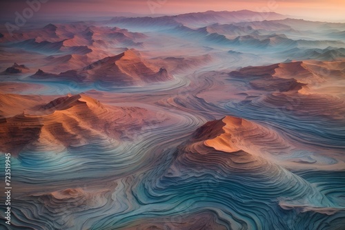 Mystical Sunrise Over Surreal Desert Landscape with Colorful Sand Dunes