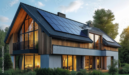 New photovoltaic system on the roof of suburban house. Modern eco friendly passive house with solar panels on the gable roof. Generative AI © Paradoxx