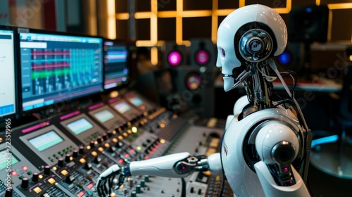 Humanoid AI robot working at the radio station studio, artificial intelligence and entertainment concept