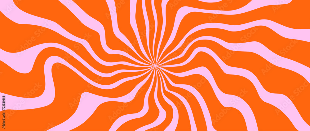 Trippy burst lines background. Psychedelic wavy stripes wallpaper. Groovy twisted sunburst swirl. Distorted curly wave texture design for poster, banner, flyer, cover. Vector backdrop