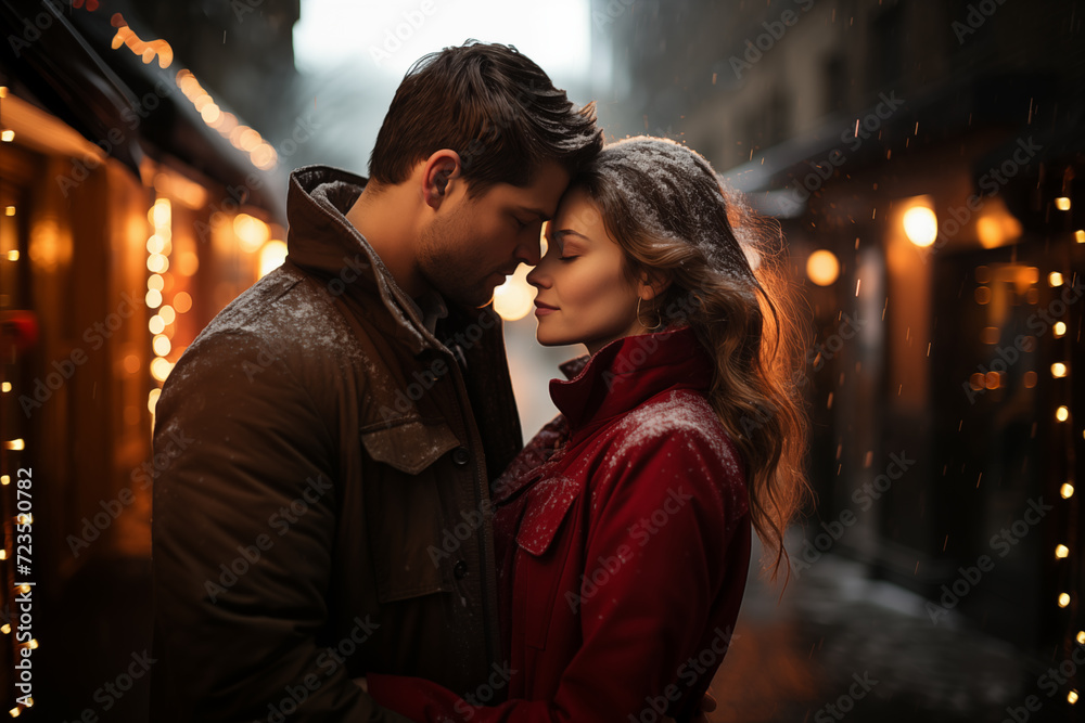 couple kissing at night in the street, snowfall night