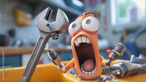 In a chaotic twist a wrench accidentally turns the wrong nut and a nearby screw starts panicking and screaming in cartoon scene.