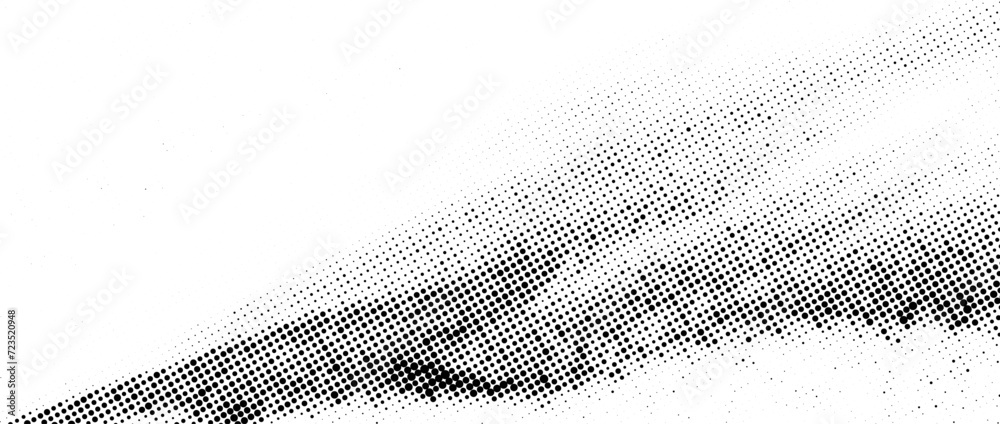 Halftone noise texture. Grunge dirty speckles, spots, dots background. Black white grit sand grain wallpaper. Retro pixel comic textured backdrop. Vector gritty cartoon pop art halftone overlay - obrazy, fototapety, plakaty 