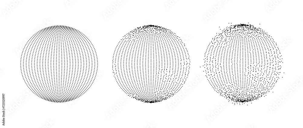 Set of dotted spheres with dissolve effect. Stipple disintegrating circle collection. Halftone textured balls with noise dot work grain. Radial grunge particles. Dot sphere element bundle. Vector pack