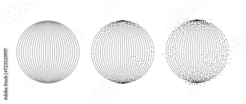 Set of dotted spheres with dissolve effect. Stipple disintegrating circle collection. Halftone textured balls with noise dot work grain. Radial grunge particles. Dot sphere element bundle. Vector pack