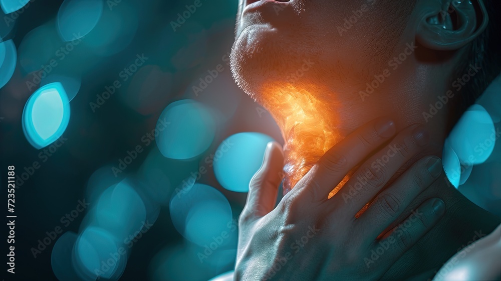 Person holding on to sore throat, lesion in tonsils, throat disease