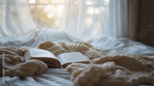 Photograph of an open book on a bed, soft morning light filtering through sheer curtains. Fluffy pillows and a warm blanket in the background,
