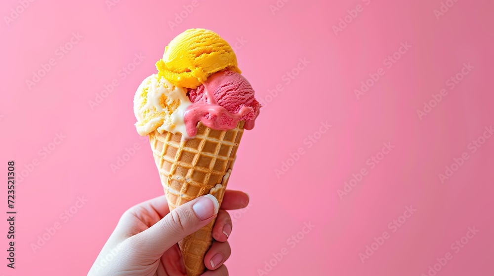 Delicious sweet raspberry and mango flavor ice cream in a crispy waffle cone in a hand on the pink background Delicious sweet raspberry and mango flavor ice cream in a crispy waffle cone in a hand on the pink background