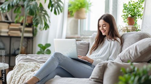 Office at home girl at laptop. Young woman, using laptop remote working at home office looking at computer communicating by video call.He is sitting on the sofa against a background of plants.