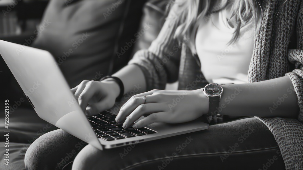 Naklejka premium Hand of an elderly businessman and the youthful fingers woman, both skillfully operating a laptop.