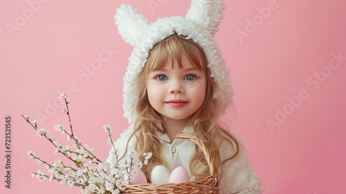 Cute little girl dressed in a plush bunny costume with basket of Easter eggs. Happy Easter card on pink background