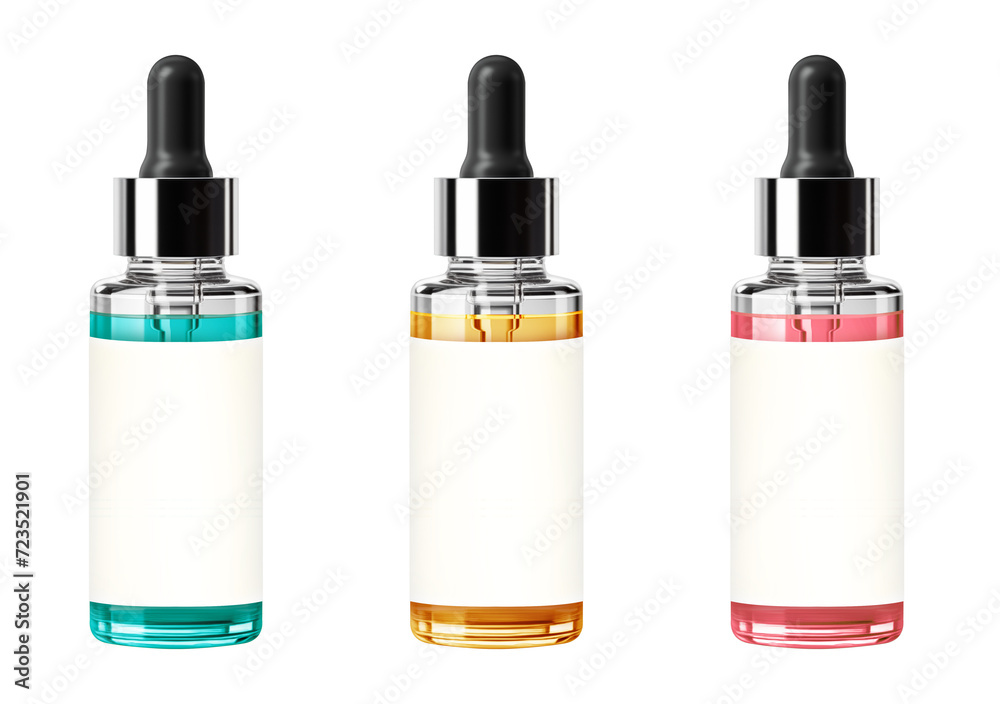 Set of Glass dropper bottle with white label. Serum Cosmetic Flask with Pipette. isolated on white background. Set of Glass dropper bottle with white label. Serum Cosmetic Flask with Pipette. isolated on white background.