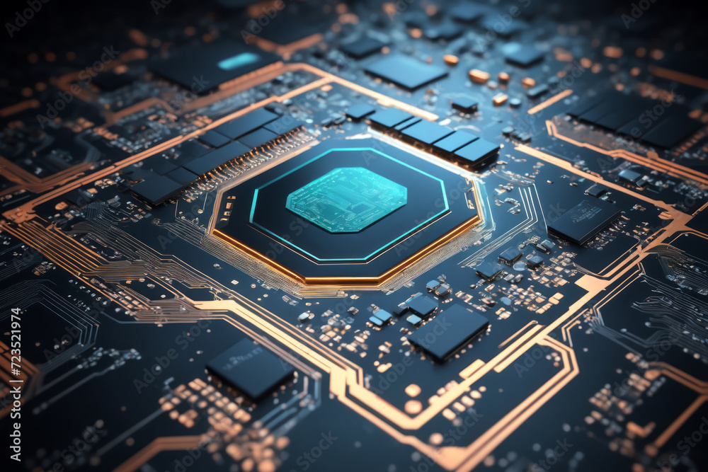 Quantum computing. 3D render of CPU, close up of central processing unit and circuits of advanced technology.  Futuristic technology concept