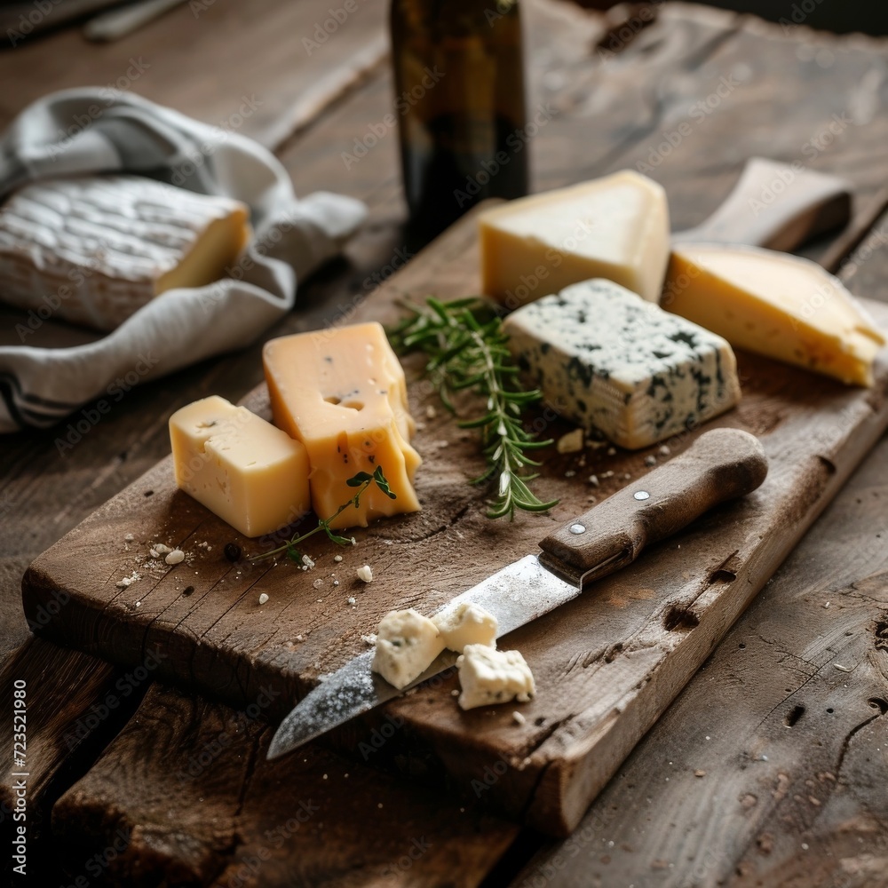 Variety of gourmet cheeses on rustic wooden board with knife and fresh herbs, rich and savory