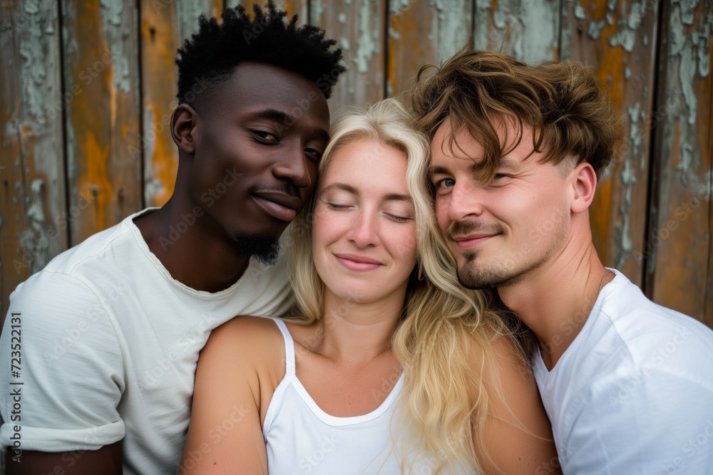 Polyamorous people, Smiling blond Scandinavian man sharing his wife with a black african man  living in a Polyamorous relationship  - obrazy, fototapety, plakaty 