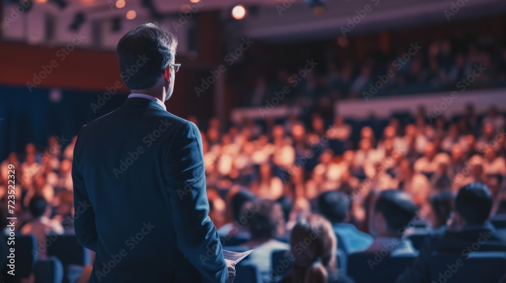 Speaker on the stage with Rear view of Audience in the conference hall or seminar meeting, business and education concept - obrazy, fototapety, plakaty 