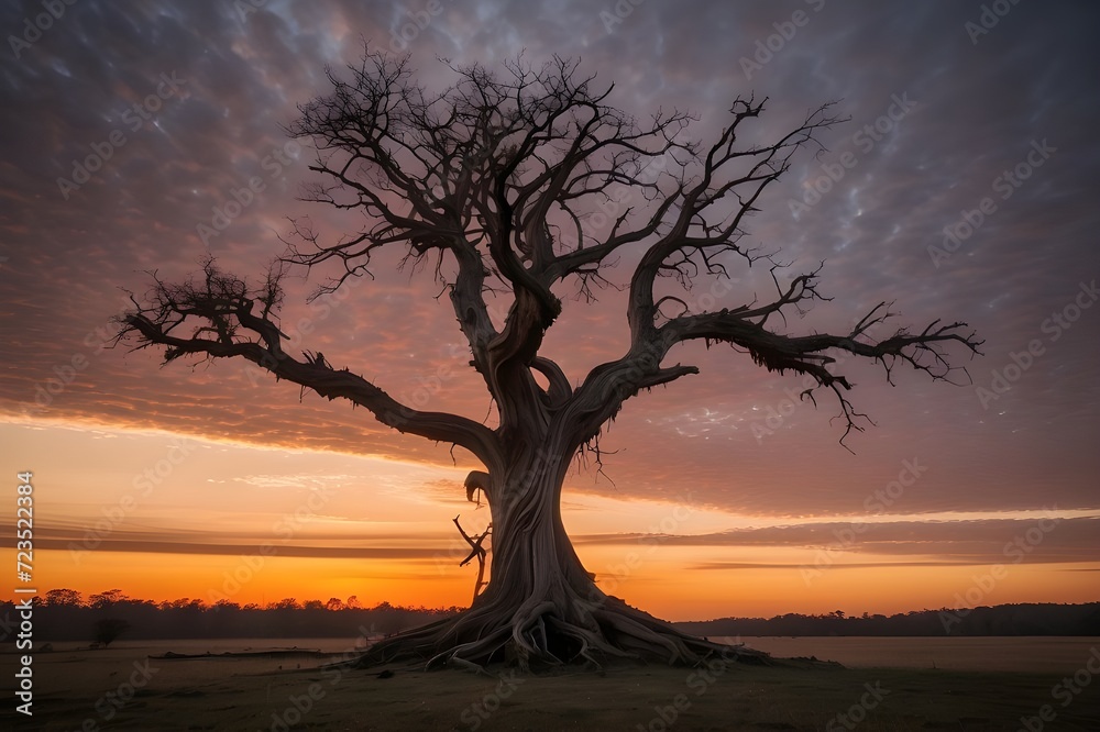 As_the_sun_sets_over_the_forest_a_solitary_died_tree_in_a_standing_form,sunset_in_the_desert