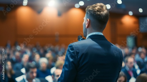 Speaker on the stage with Rear view of Audience in the conference hall or seminar meeting, business and education concept