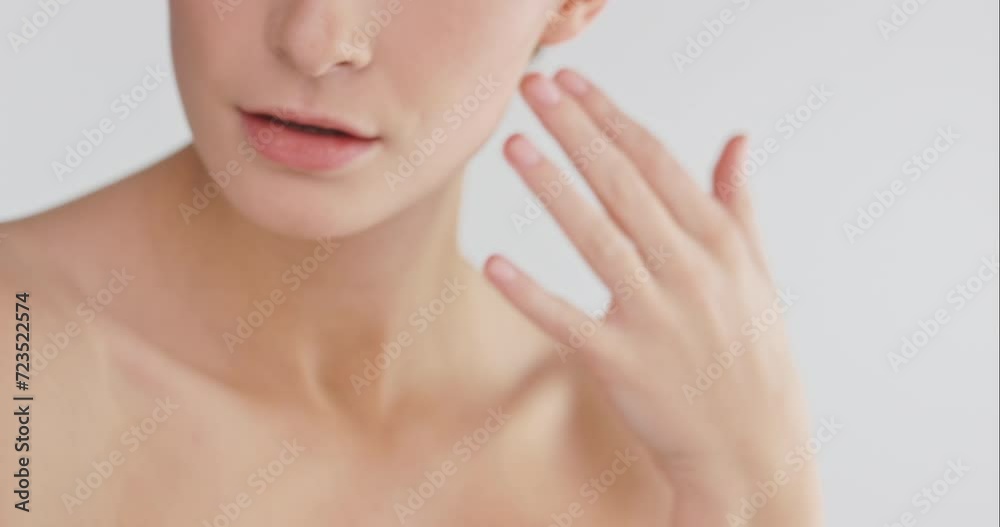 Woman, face and natural skincare in studio, confidence and facial treatment on white background. Female person, portrait and cosmetics for smooth skin, dermatology and self care in daily routine Woman, face and natural skincare in studio, confidence and facial treatment on white background. Female person, portrait and cosmetics for smooth skin, dermatology and self care in daily routine