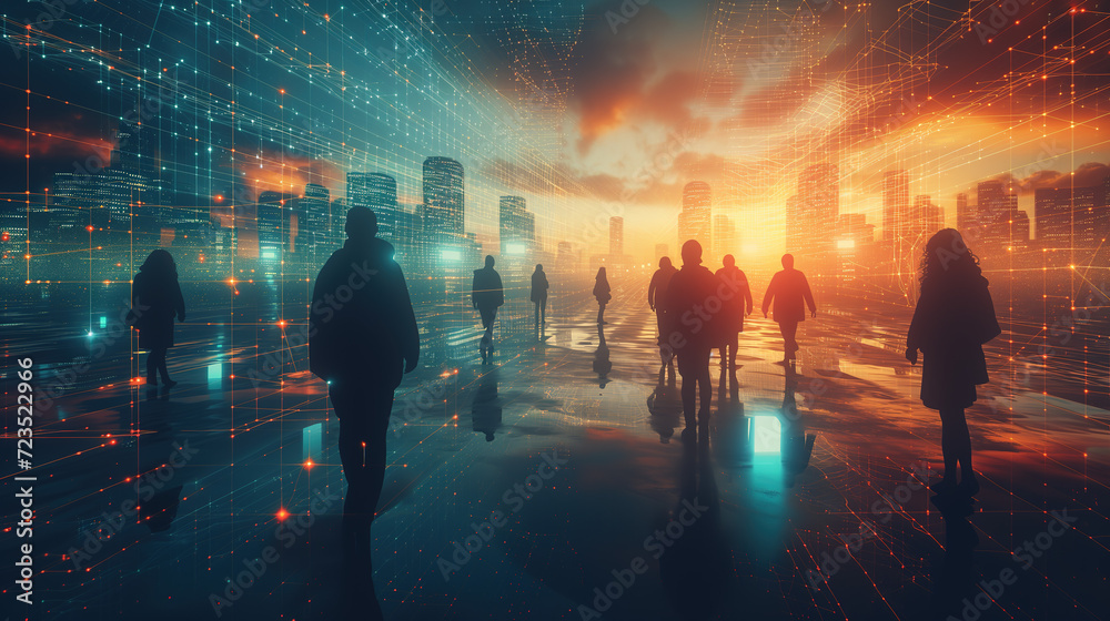 Fototapeta premium Cityscape with Data Connections and Global Business Networking Structure