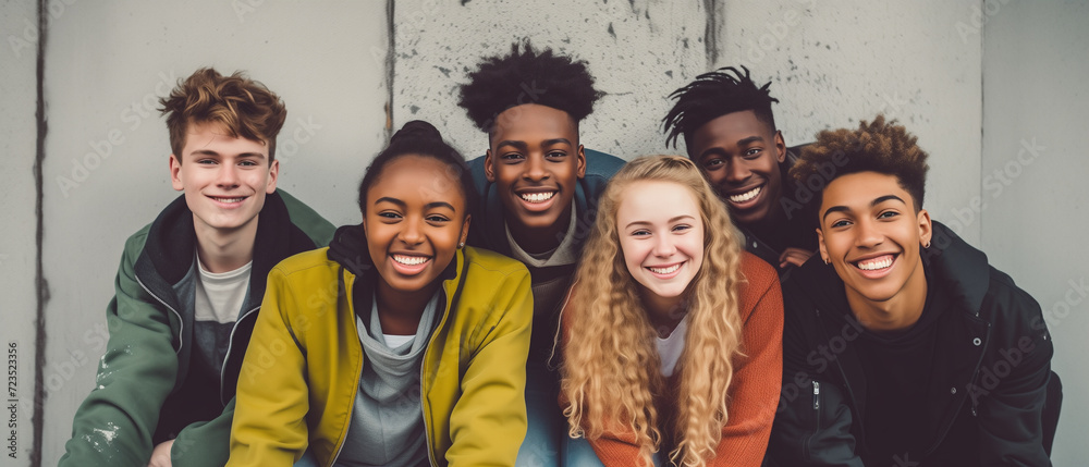 Multiethnic friendship and people concept. Diverse teens hugging and having fun - obrazy, fototapety, plakaty 