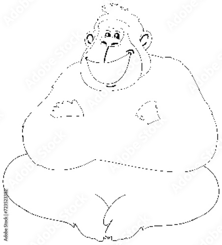 Line art of a happy, seated gorilla
