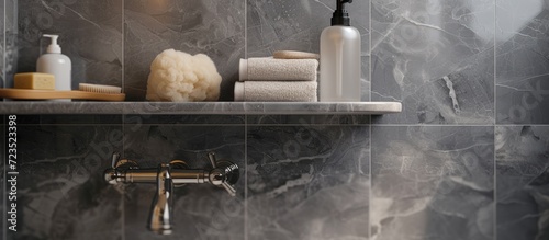 Gray marble-tiled bathroom shower with shelves holding shampoo, conditioner, brush, and sponge.