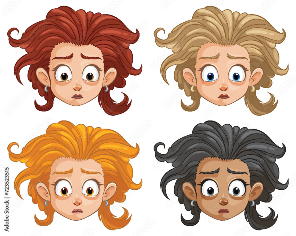Four cartoon faces showing different expressions and hairstyles. Four cartoon faces showing different expressions and hairstyles.