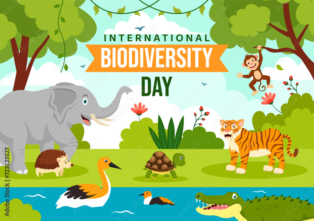 Naklejka premium World Biodiversity Day Vector Illustration with Biological Diversity, Earth and the Various Animal in Nature Flat Cartoon Background