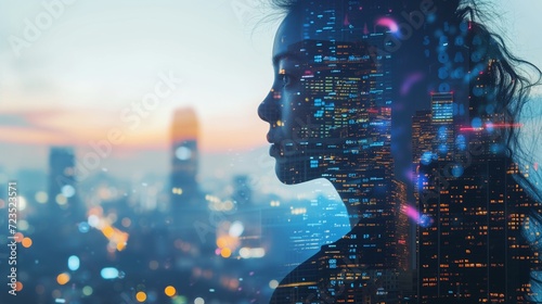 Double exposure, A woman overlaid with cityscape and data, symbolizing the intersection of urban life and digital information photo