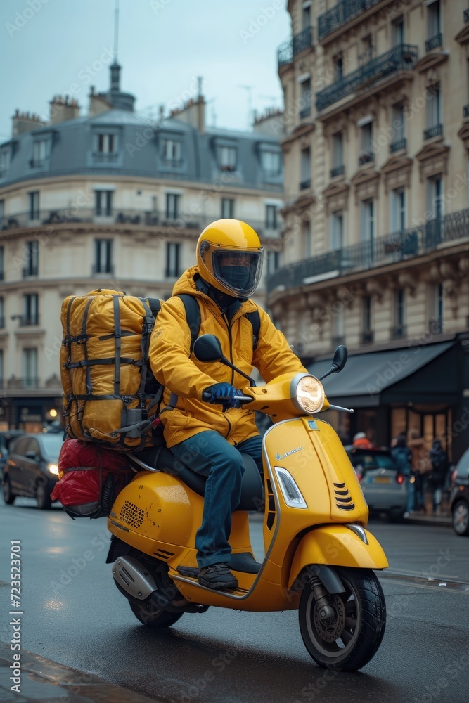 Delivery guy on scooter riding through Paris traffic