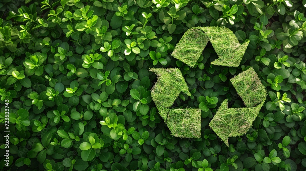 Eco-friendly recycle symbol against a backdrop of lush green nature environment, representing environmental sustainability Eco-friendly recycle symbol against a backdrop of lush green nature environment, representing environmental sustainability