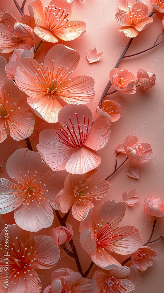 Sakura flowers. Peach fuzz tone of floral background wallpaper. 