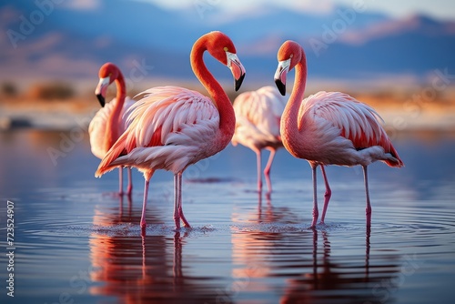 A group of flamingos in a shallow lagoon © Mahenz