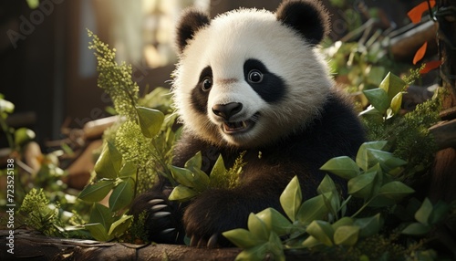 A cuddly panda munching on bamboo photo