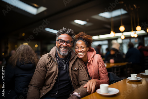 Loving mature black couple with smiling happy in cafe