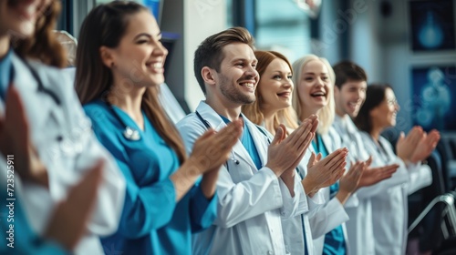 Doctor, Group of medical professional clapping and celebrating teamwork support for healthcare achievement or goal at the hospital. photo