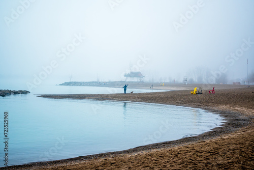 Canvas Print dog walkers on a foggy beach in winter shot kew beach toronto room for text