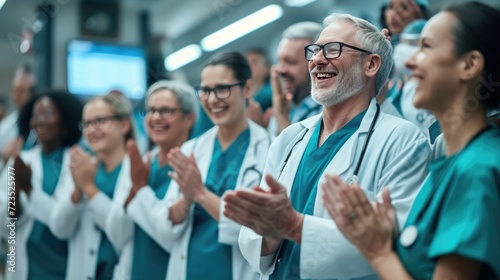 Doctor, Group of medical professional clapping and celebrating teamwork support for healthcare achievement or goal at the hospital.