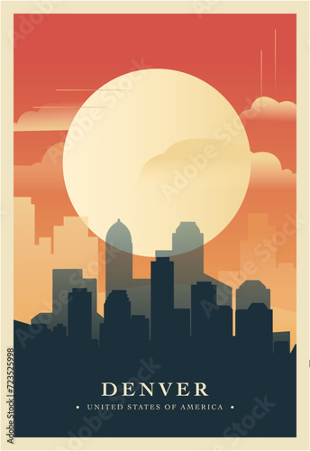 Denver city brutalism poster with abstract skyline, cityscape. USA Colorado state retro vector illustration. US travel front cover, brochure, flyer, leaflet, presentation template, layout image