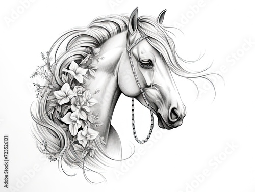 A sketch of a tattoo with a horse and flowers on a white background.
