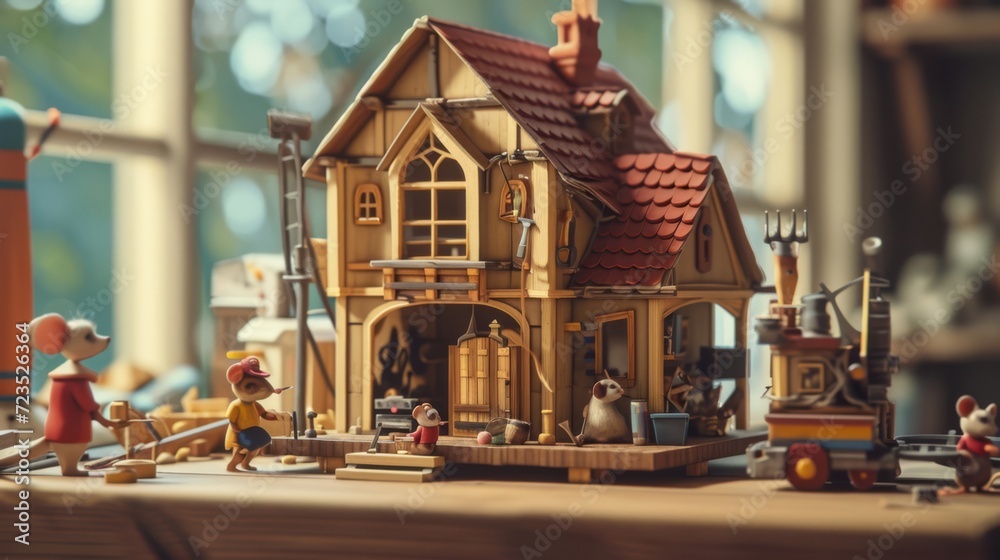 Cheerful miniature carpenters in a wee workshop using teeny tools to carefully construct a pintsized house complete with tiny doors and windows all while a curious mouse looks