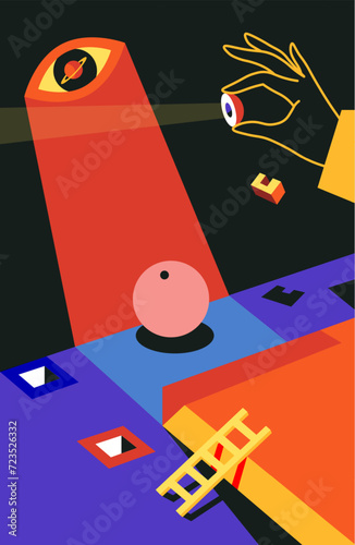 Surreal realm, eye and ladder, hand and sphere