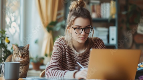 Young freelancer woman in eyeglasses works at home with a laptop and a cat, Remote work, Shopping, Education, Working from home concept. photo
