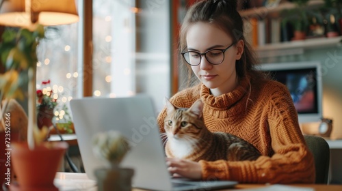 Young freelancer woman in eyeglasses works at home with a laptop and a cat, Remote work, Shopping, Education, Working from home concept. photo