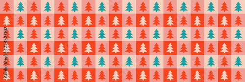Cute retro vintage Christmas tree Checkerboard Y2K seamless pattern vector background. Abstract festive red and pink texture wallpaper with Xmas tree icon silhouette, modern trendy textile design