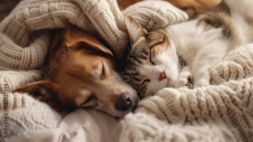 Cute dog and cat sleeping together in bed under blanket. Friendship of cute pets concept. photo