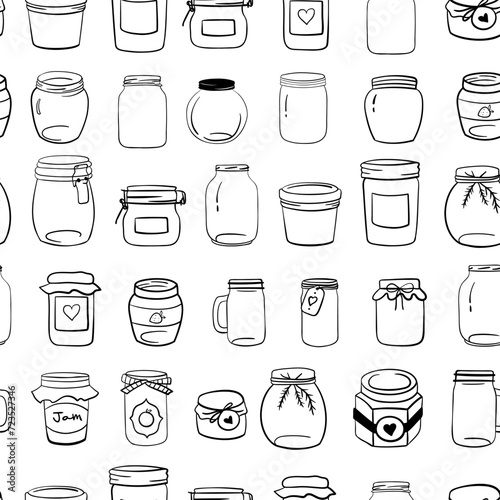 Seamless monochrome pattern with hand drawn mason jar. Jars with lid, label, ribbon. Vector illustration in outline doodle style